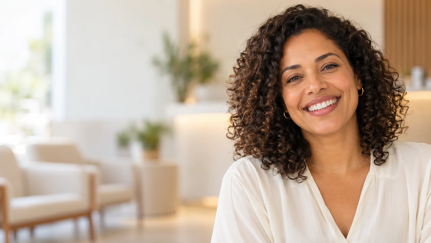 Mulher sorrindo em um ambiente acolhedor. Imagem ilustrativa.